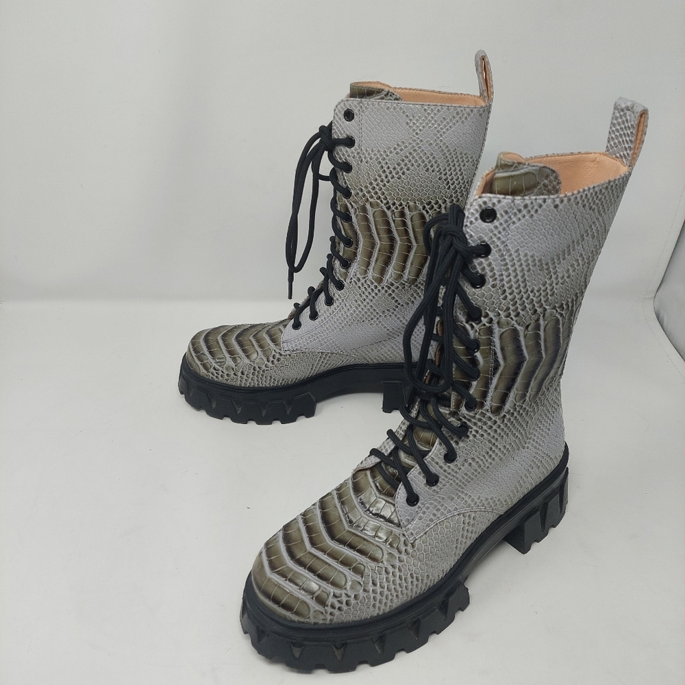 Koi Snakeskin Print Chunky Platform Mid Calf Boots Moto Y2K Grunge Goth Size 5